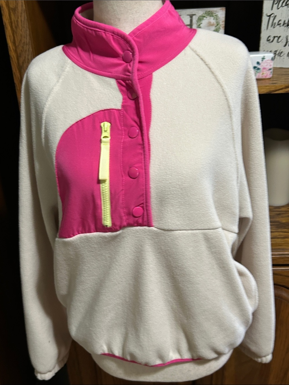 Cream and Hot Pink Pullover Sweater with Contrast Zip Chest Pocket Medium New